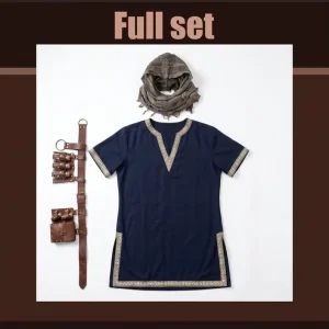 Men’s Medieval LARP Renaissance Tunic Set with Hooded Scarf, Leather Belt, Potion Bottle and Pouch