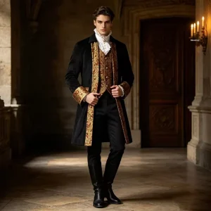 Men’s Medieval Pirate Captain Long Coat, Steampunk Gothic Tailcoat, Gold Brocade