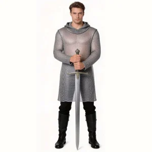 Men’s Medieval Renaissance Hooded Chainmail Style Mesh Tunic Knight Costume