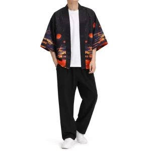 Men’s Open Front Seven-Sleeve Antibacterial Polyester Kimono Work Jacket with Custom Landscape Print