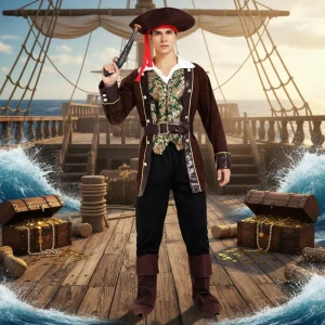 Men’s Pirate Captain Costume with Hat, Coat and Belt