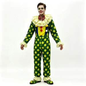 Men’s Polka Dot Clown Jumpsuit, Adult Circus Costume for Halloween Carnival Parties