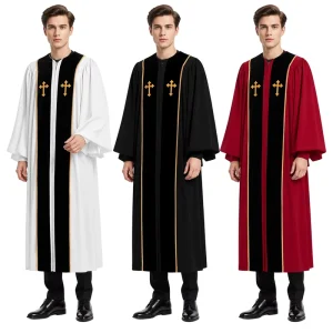 Mens Red Clerical Priest Robe Elegant Gold Embroidered Cross Black Panel Bishop Sleeve Cosplay Stage Costume