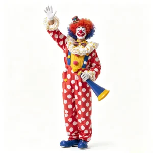 Men’s Red Polka Dot Clown Jumpsuit with Ruffled Collar, Gloves and Horn