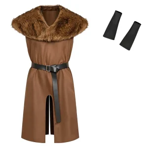 Men’s Renaissance Medieval Knight Costume with Faux Fur Shoulder Shawl MDEC-076
