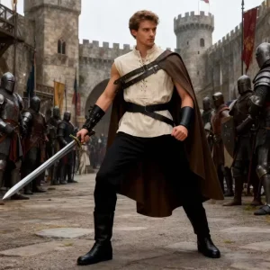 Men’s Roman Warrior Cosplay Costume Set with Sleeveless T-Shirt, One-Shoulder Cape and Gauntlet