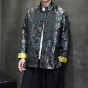 Men’s Summer Chinese-Style Tang Suit Plus Size Ice Silk Jacquard Shirt