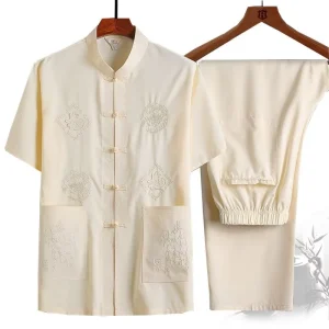 Men’s Summer Tang Suit Chinese-Style Hanfu Shirt with Chinese Buckle and Short Sleeves