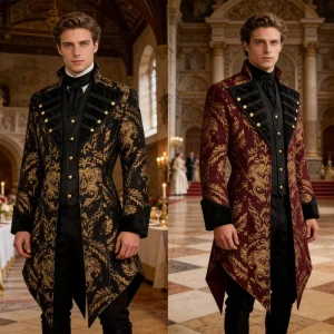 Men’s Victorian Tailcoat Gothic Steampunk Jacket Brocade Medieval Renaissance Frock Coat for Halloween Cosplay Party