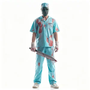 Men’s Zombie Surgeon Costume Bloody Doctor Scrub Outfit with Mask Cap and Gloves Halloween Horror Cosplay Costume for Adult Men