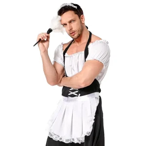 Men’s and Women’s Anime Maid Cosplay Costume with Long Lolita Dress and Apron, S-XXXL
