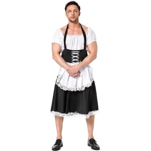 Men’s and Women’s Long Lolita Maid Cosplay Dress with Black and White Apron, S-XXXL