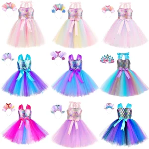 Mermaid Party Dress Sequin Rainbow Tulle Birthday Cosplay Kids Princess Costume Hot Party Headband Outfit