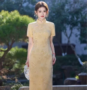 Mid Length Cheongsam Yellow Chinese Style Qipao for Petite Women