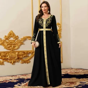 Middle Eastern Arab Women’s Polyester Long Summer Autumn Belt Dress Dubai Robe Evening Gown Black