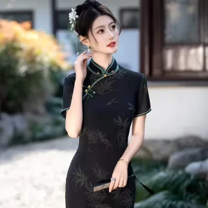 Modern Classical Chinese Cheongsam Dress Black Silk Qipao Elegant Slimming Dress for Women