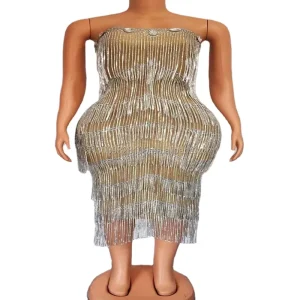 Modern Women’s Song Host Tassel Rhinestone Mesh Stretch Short Skirt Stage Costume Evening Dress Skirt