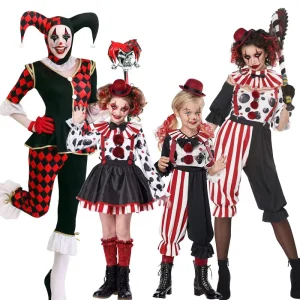 Mom and Girls Creepy Horror Clown Dot Stripe Printed Costume for Halloween Party Carnival Performance