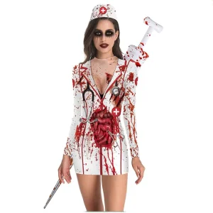 Most Popular Nurse Cosplay Costume Halloween Horror Nurse Zombie Slim Long Sleeve Uniform for Women