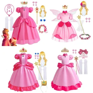 Most Popular Princess Peach Costume Dress With Crown Girl’s Pink Princess Halloween Costumes for Kids