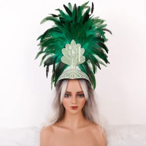 Multi Color Feather Headbands with Leaf Shaped Rhinestone Decorations for Carnival Parades and Halloween Themes