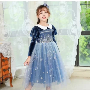 Navy Long-Sleeve Princess Cosplay Dress for Girls, Winter Halloween