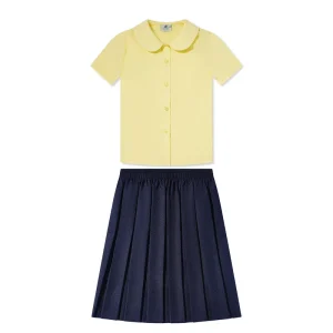 Navy Short-Sleeved Jumper and Skirt School Uniform Set for Girls with Yellow Blouse