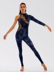 Navy Tie Dye Spandex Off Shoulder Design Leotards Dance Costumes