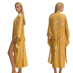 New Arrival Satin Long Kimono Golden Crane Print One Size Robe for Loungewear & Beach Cover up