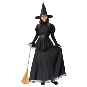 New Black Witch Witch Role playing Costume Set Witch Hat Puff Sleeve Women Halloween Cosplay Party Long Dress