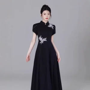 New Chinese Retro Cheongsam Black Wedding Dress Music Student Art Exam Vocal Stage Folk Song Guzheng Performance Costume