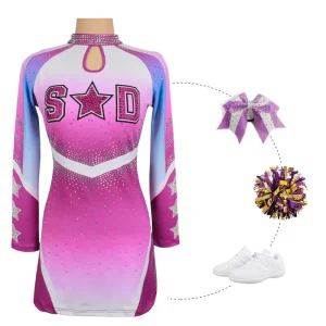 New Customized Color Unisex Adult Digital Print Powder Blusher Jumpsuit Long Sleeve Cheerleading Competition Skirt Costume