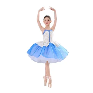 New Flower Lace Dance Costume Shiny Blue Tutu Skirt Court Style Stage Performance Dance Dress