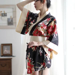 New Japanese Kimono Uniform Sexy Cherry Printed Nightdress COS Bathrobe Play Sexy Lingerie Satin Robe
