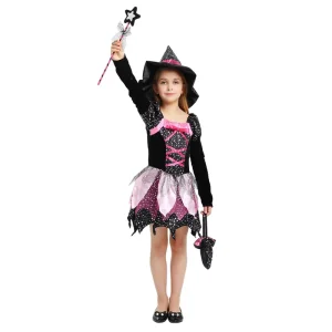 New Kids Witch Costume for Girls Halloween Dress With Hat Carnival Cosplay Party Outfit with Candy Bag