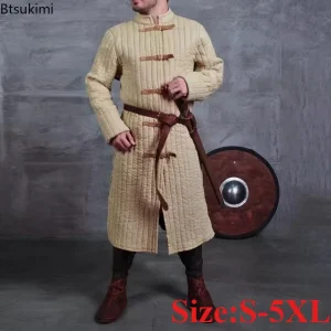 New Men’s Vintage Medieval Jacket Padded Coat Cosplay Warrior Knights Jacket Coat Halloween Steampunk Costume Uniform No Belt