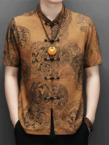 New Silk Chinese style Casual Tang Suit Men’s Short Sleeved Summer Lightweight Shirt Middle Aged Elderly Dads Frog Buttons Made