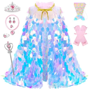 New Style Girls Mermaid Dress up Cloak Set New Arrival Princess Sequins Cloak for Children’s Christmas Celebration