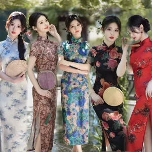 New Traditional Chinese Style Spring Summer Cheongsam Long Dress Elegant Satin Slim Fit Performance Costume
