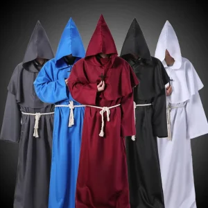 New Unisex Adults Wizard Costume Halloween Medieval Hooded Robe Cosplay Monk Friar Priest Robe Ancient Christian Suit Clothing