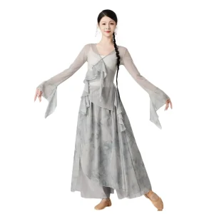 Newest Lady Training Dancewear Chinese Classical Belly Dance Outfit 2 Piece Long Sleeve Wide Leg Skirt Pants Costume