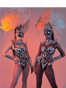 Nightclub Bar Ds Stage Dance Costume 100% Polyester Heavy Mirror Technology Feather Headwear Lead Female Singer Gogo