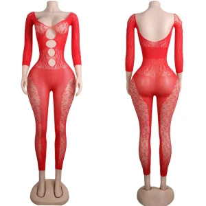 Nighttime Mesh Catsuit Adult Spandex Barwear Exotic Performance Dance Costume Rhinestone Club Stage Outfit