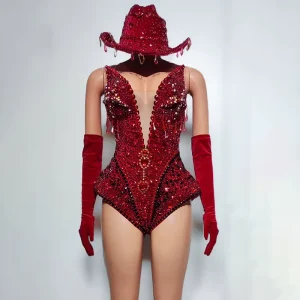 Novance Y4024 New Product Idea Chic and Classy Performance Wear Dance Costume Luxury Women’s Sexy Bling Bodysuits With Hat