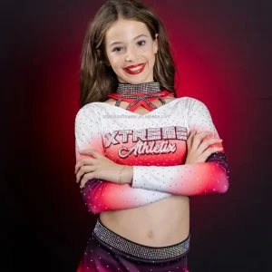 Ombré Red and White Black Mesh Cheerleading Rhinestones Uniforms Cheer Practice Wear