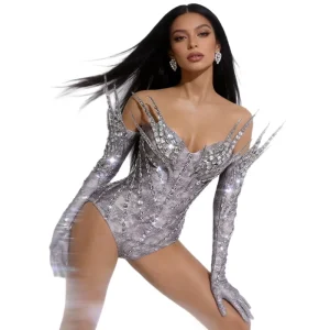 One Piece Bodysuit with Gloves Women Club Jumpsuit Showgirl Performance Dance Leotard Festival Outfit
