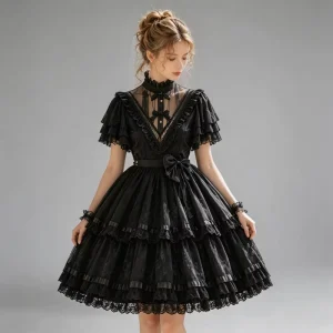 Original Castle Night Anime Lolita Dark Gothic Girl Skirt Flower Marry Daily Short Sleeve Op Pengpeng Anime Cosplay Costume