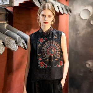 Original Women’s Clothing Chinese Style Peacock Embroidery Stand Collar Loose Mulberry Silk Song Brocade Black Vest 5594
