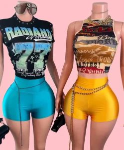 PEEQI New Arrivals Women’s Shirt Top+Bandage Shorts 2 Piece Set Casual Y2K Two Piece Clothing