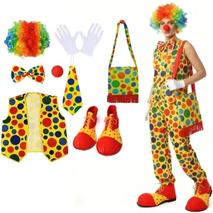 PESENAR Clown Costume Set Wig Gloves Bow Tie Nose Tie Vest Shoes Bag For Parties Performances Props